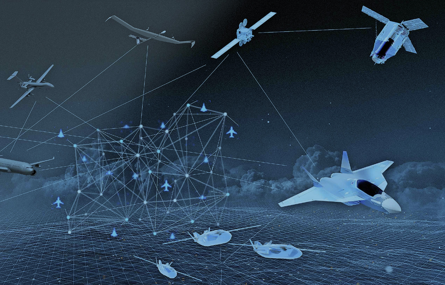 Schematic representation of the FCAS as a network system. Airplanes connected with lines are shown.