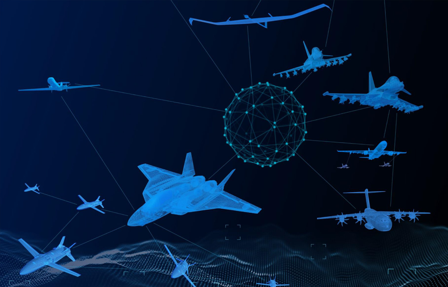 Illustration visualising the use of articial intelligence with airplanes and satellites