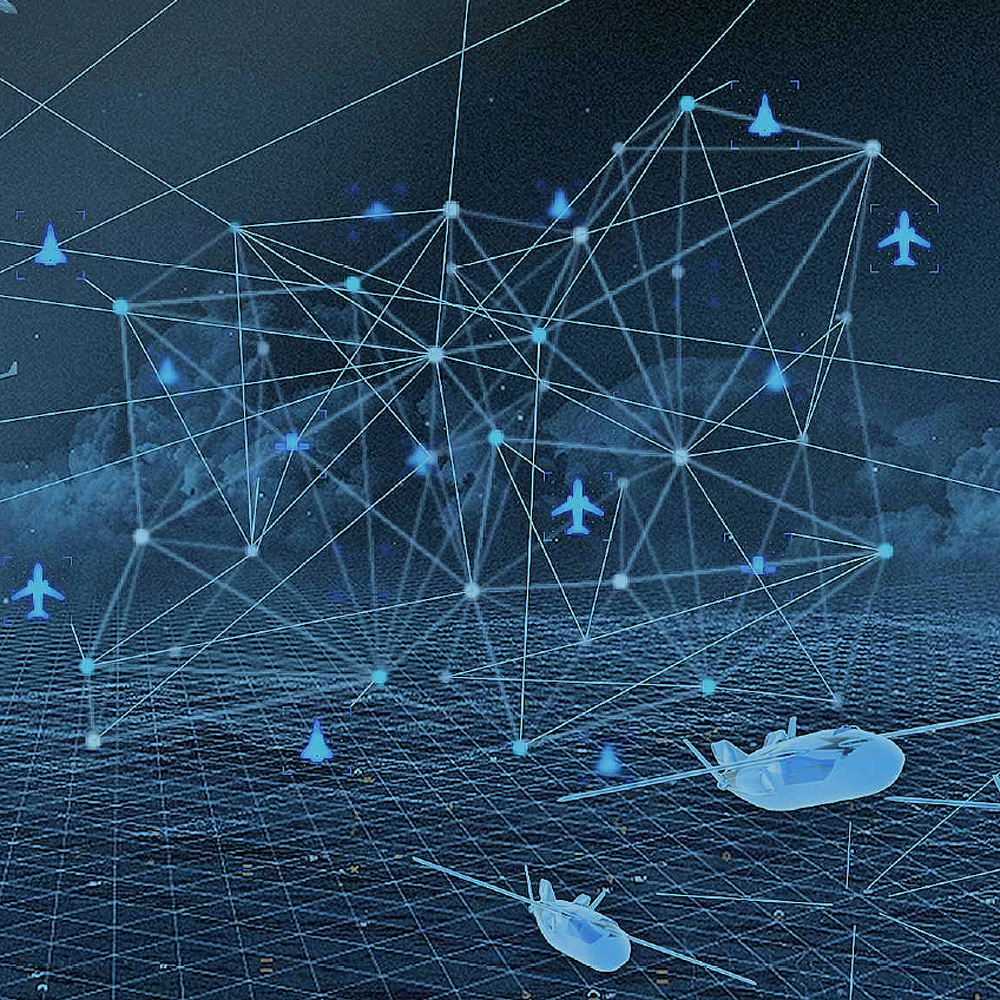 Schematische Darstellung des FCAS als Verbundsystem. Abgebildet sind mit Linien verbundene Flugzeuge.