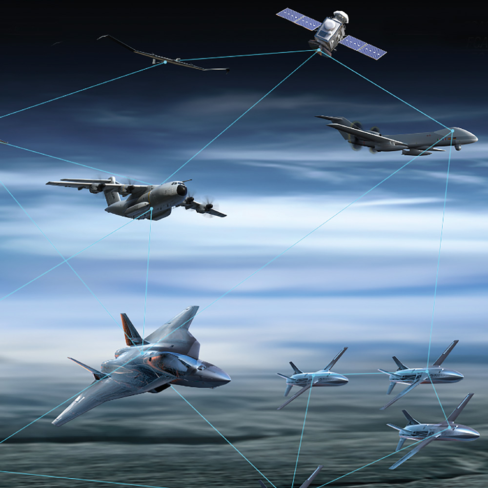 Schematische Darstellung des FCAS als Verbundsystem. Abgebildet sind mit Linien verbundene  Flugzeuge und Satelliten.
