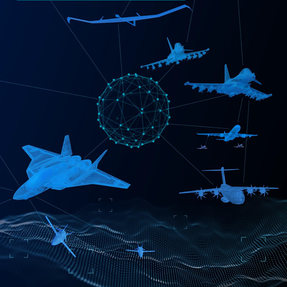 Illustration visualising the use of articial intelligence with airplanes and satellites