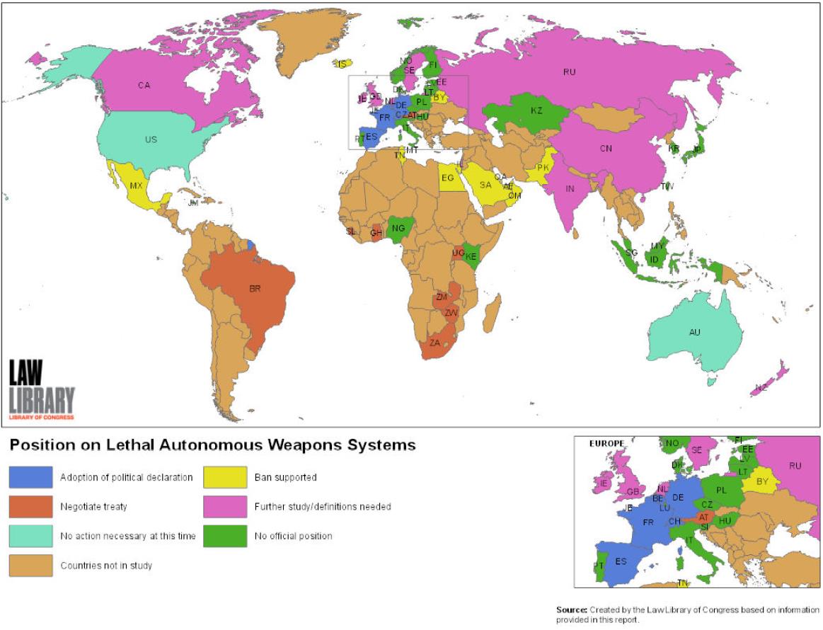 World map showing Positions on Lethal Autonomous Weapon Systems