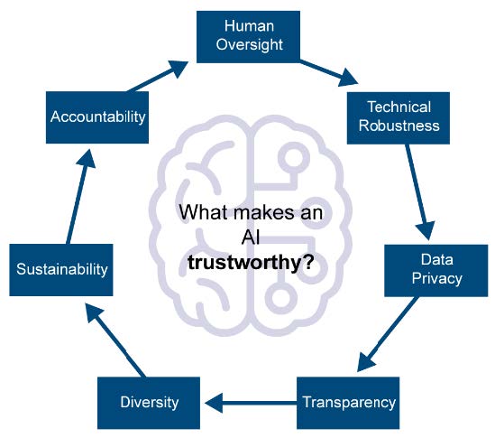 Elements of a trustworthy AI: Human Oversight, Technical Robustness, Data Privacy, Transparency, Diversity, Sustainability, Accountability